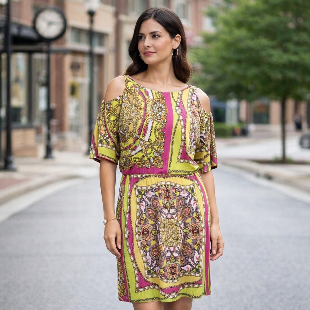 Nina Leonard Gold Pink Baroque Sheath Dress | Bateau Neck Cold ShoulderStatement